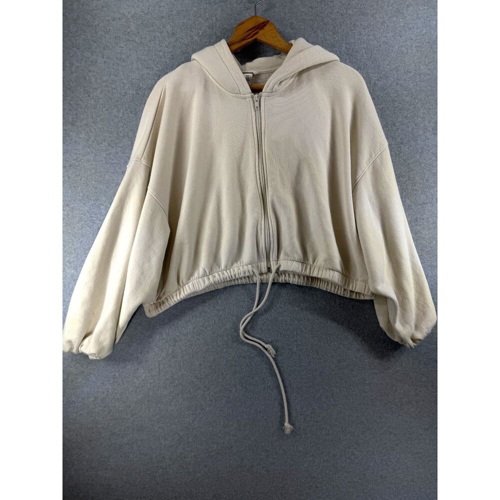 H&M Women’s XL Cream Cropped Full Zip Hoodie Drawstring Hem 3781